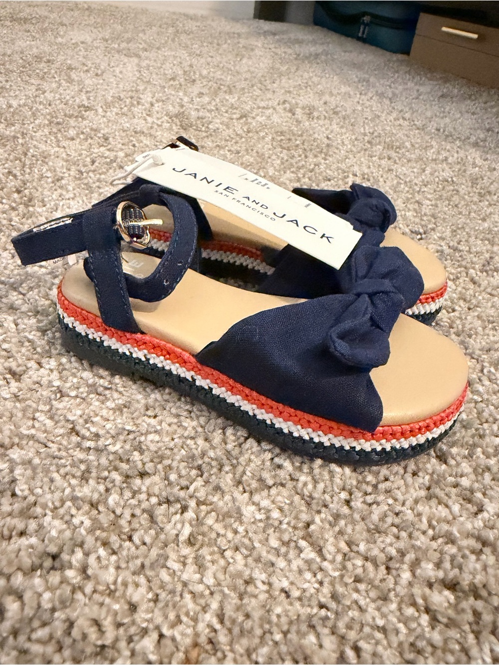 Janie and Jack Navy Knotted Sandals with Red and White Trim